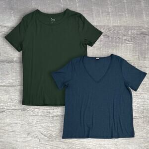 Short Sleeve Ribbed T Shirt Set (2) Womens Large V Neck Navy Crewneck Dark Green